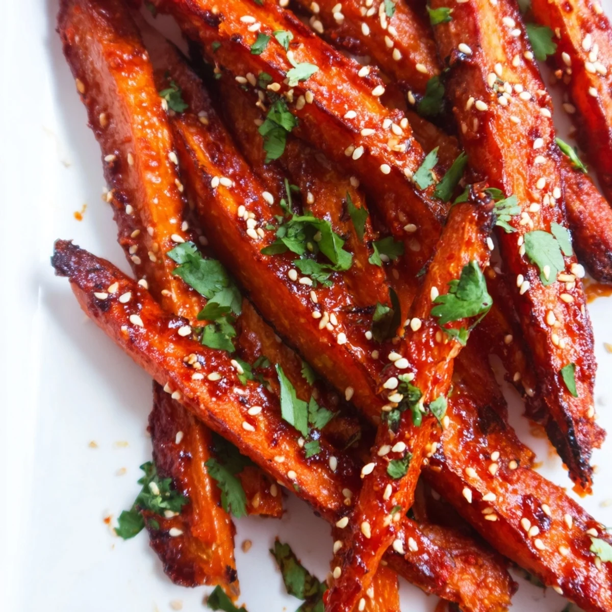 Golden-brown Spicy Harissa Roasted Carrots glisten with a smoky glaze, garnished with fresh cilantro and sesame seeds.