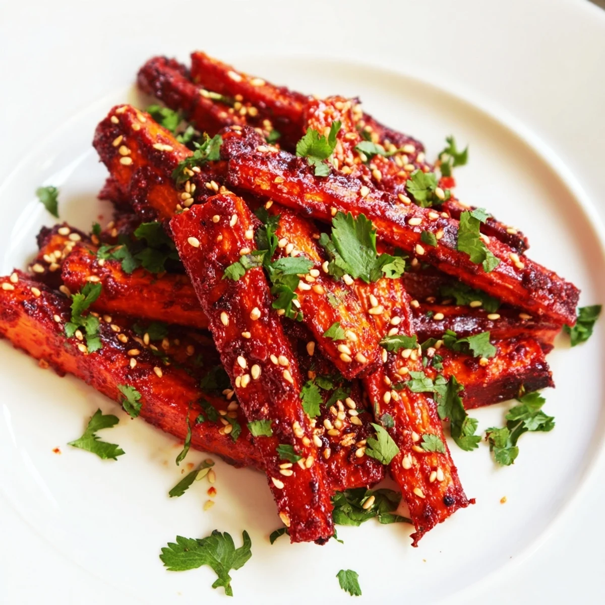 A close-up view of tender Spicy Harissa Roasted Carrots topped with chopped parsley and pistachios, ready to serve.