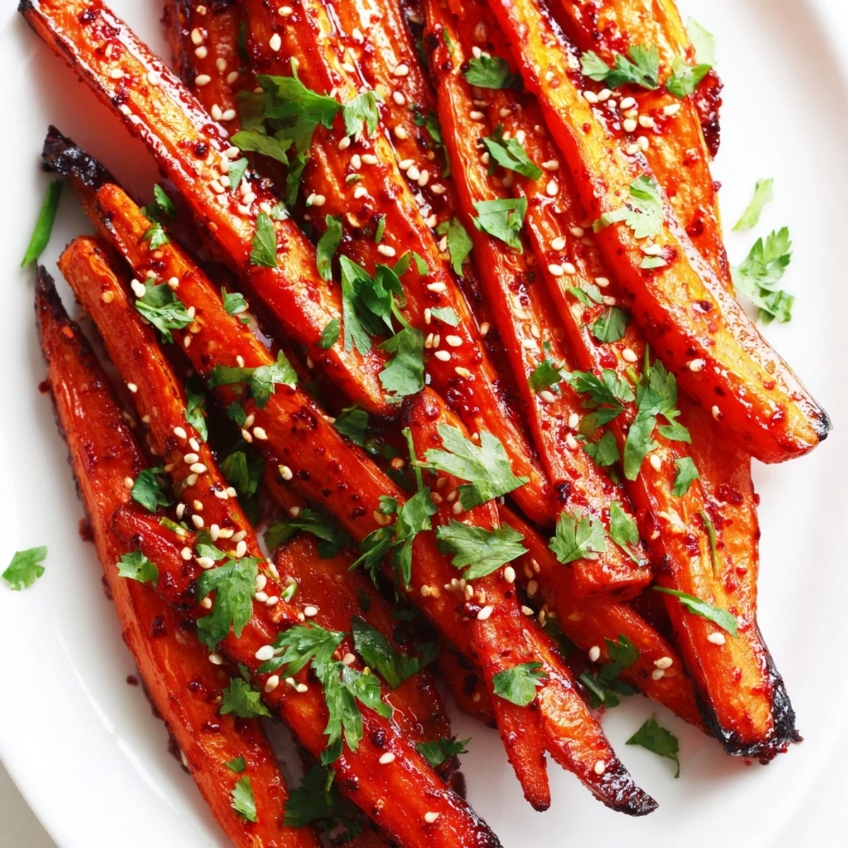 Freshly roasted carrots with bold harissa spices and lemon wedges on a rustic platter for a vibrant side dish.