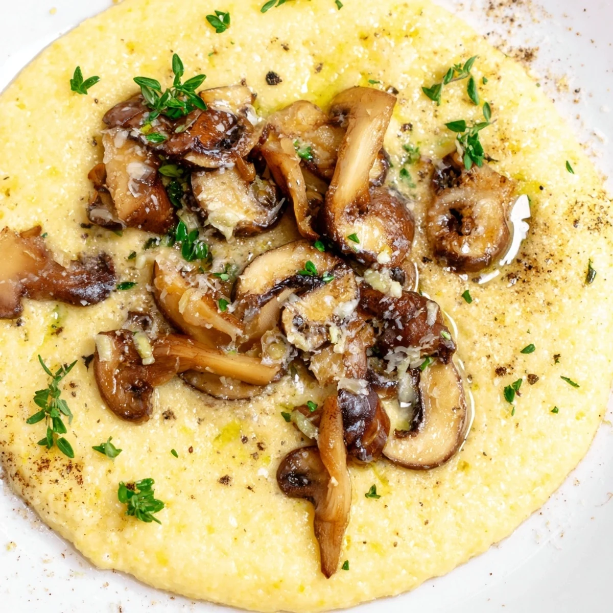 Steam rises from a bowl of Creamy Polenta with Roasted Mushrooms, garnished with fresh parsley, ready for a comforting vegetarian dinner.
