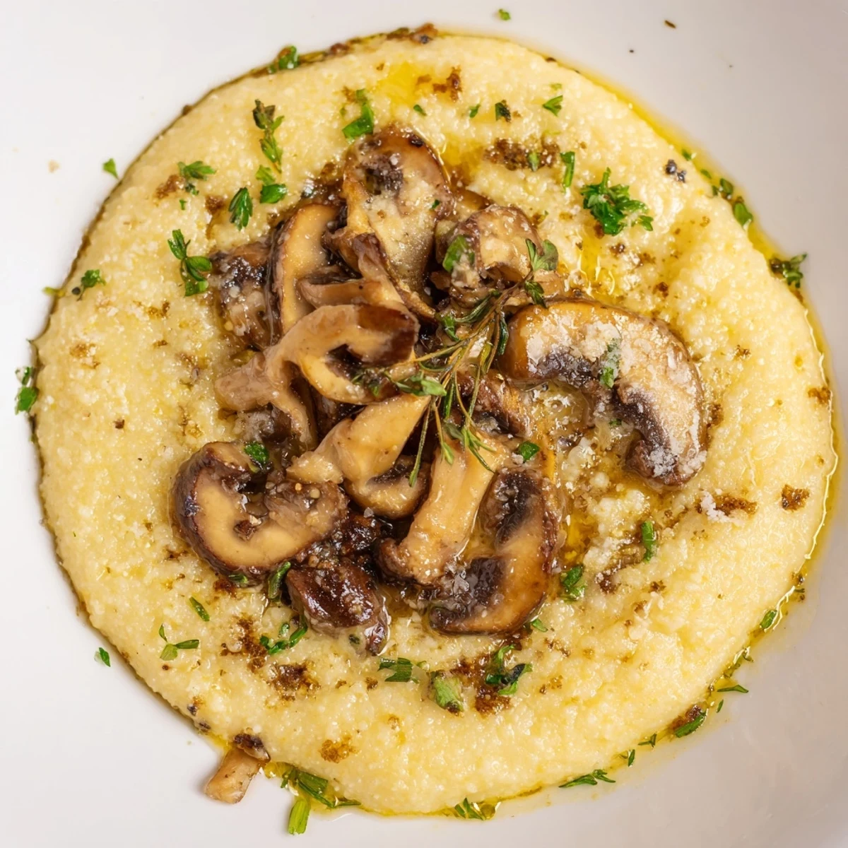 A close-up of Creamy Polenta with Roasted Mushrooms, highlighting the velvety texture of the cornmeal and savory, herb-crusted fungi.