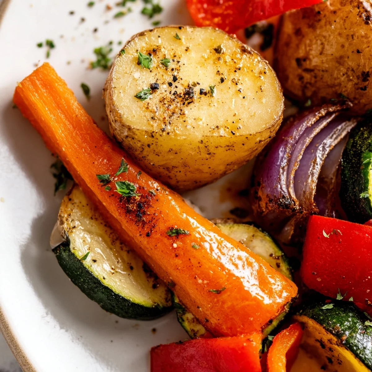 Seasoned Roasted Supper Veggies served warm, with vibrant carrots and zucchini tossed in herbs.