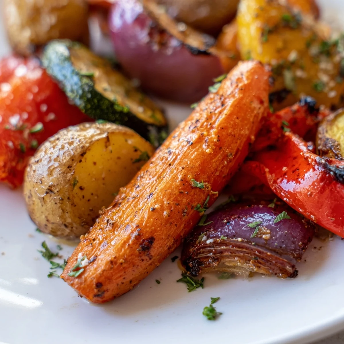 Golden Roasted Supper Veggies on a rustic platter, garnished with fresh parsley and lemon juice.
