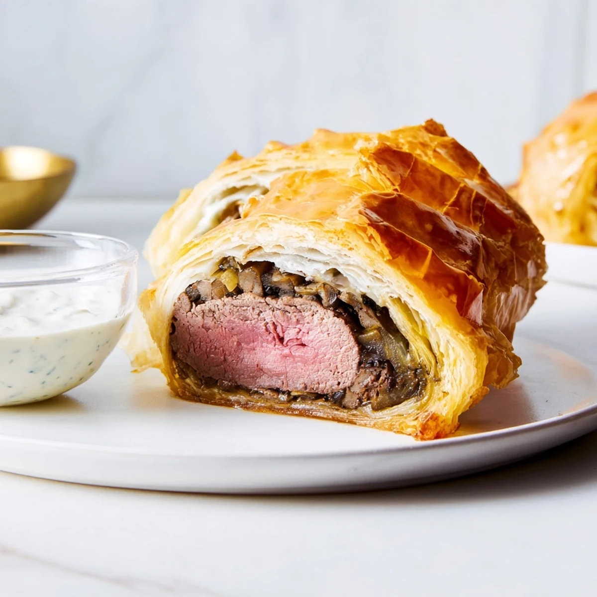 Golden, flaky Beef Wellington Bites with prosciutto and mushrooms garnished with fresh thyme on a rustic wooden board.