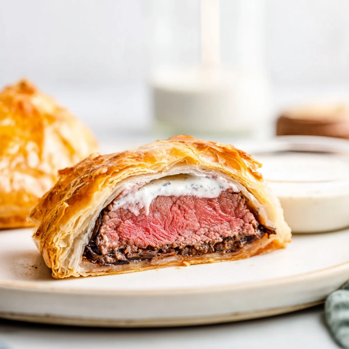Savory Beef Wellington Bites served on a white platter with a small bowl of creamy Dijon mustard dipping sauce.