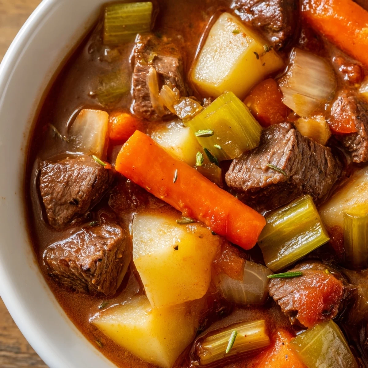 A hearty Slow Cooker Supper Stew featuring savory herbs and chunky vegetables, ready to be ladled over creamy mashed potatoes.