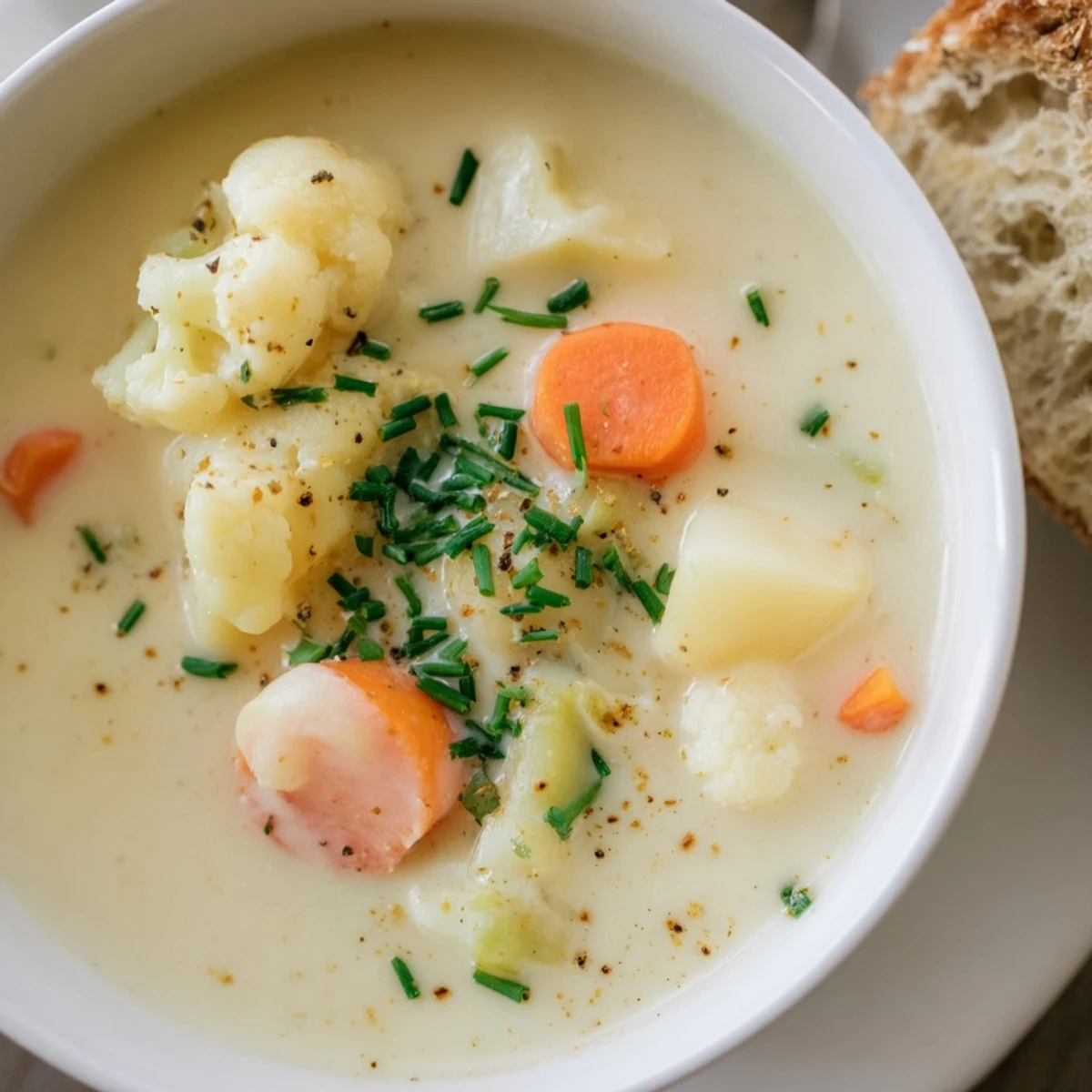 A bowl of Creamy Supper Soup topped with fresh chives, served alongside crusty bread for a cozy vegetarian meal.