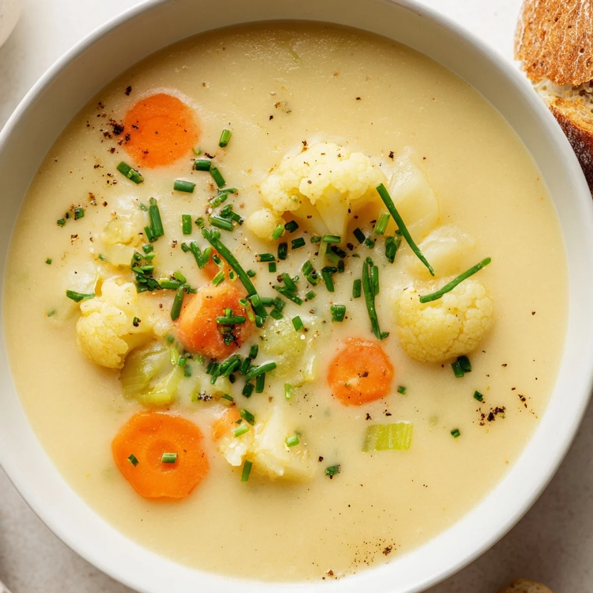 Close-up of Creamy Supper Soup in a rustic bowl, highlighting the smooth, creamy texture and vibrant vegetable pieces.