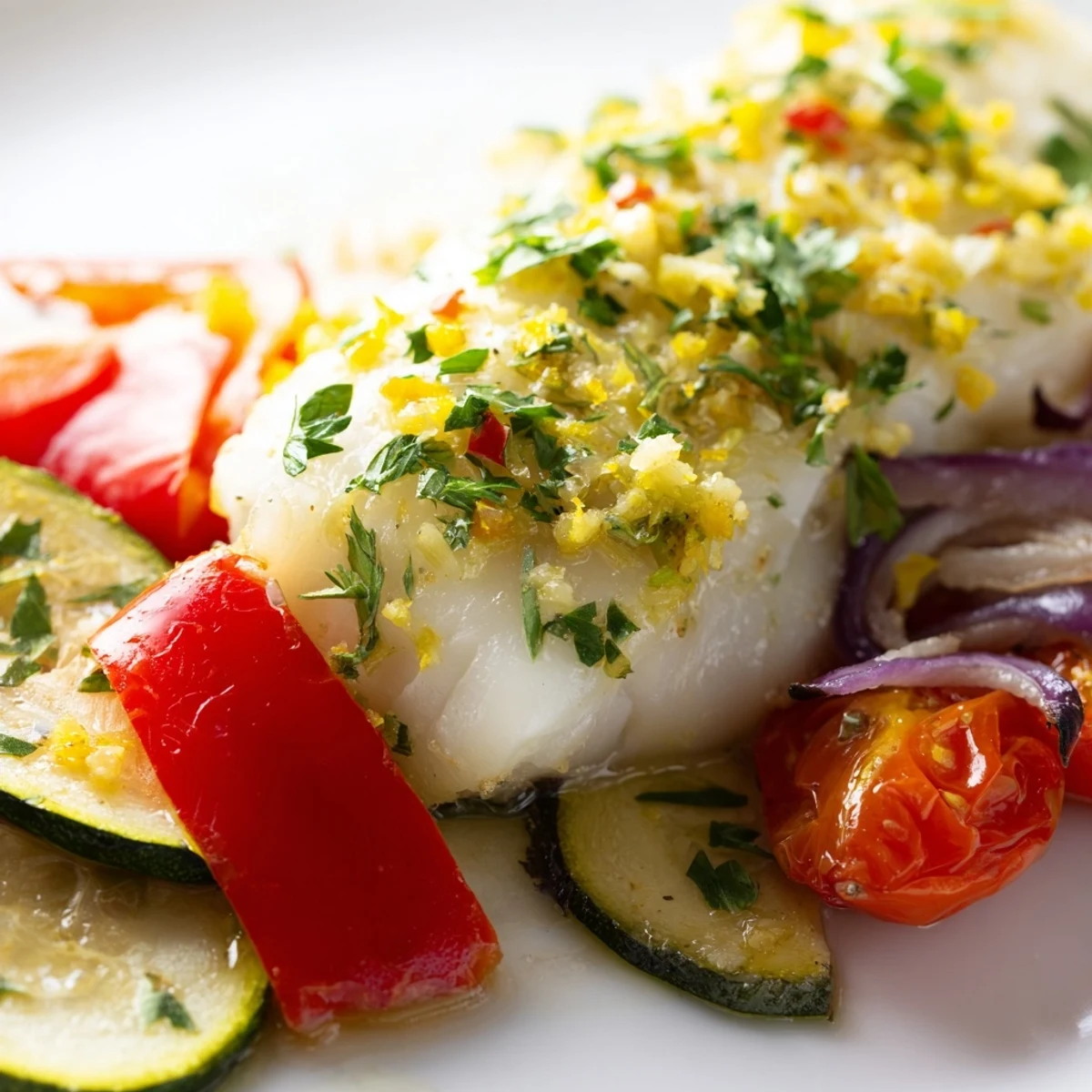 Baked Cod Supper Fillet with roasted red peppers, zucchini, and cherry tomatoes on a sheet pan.