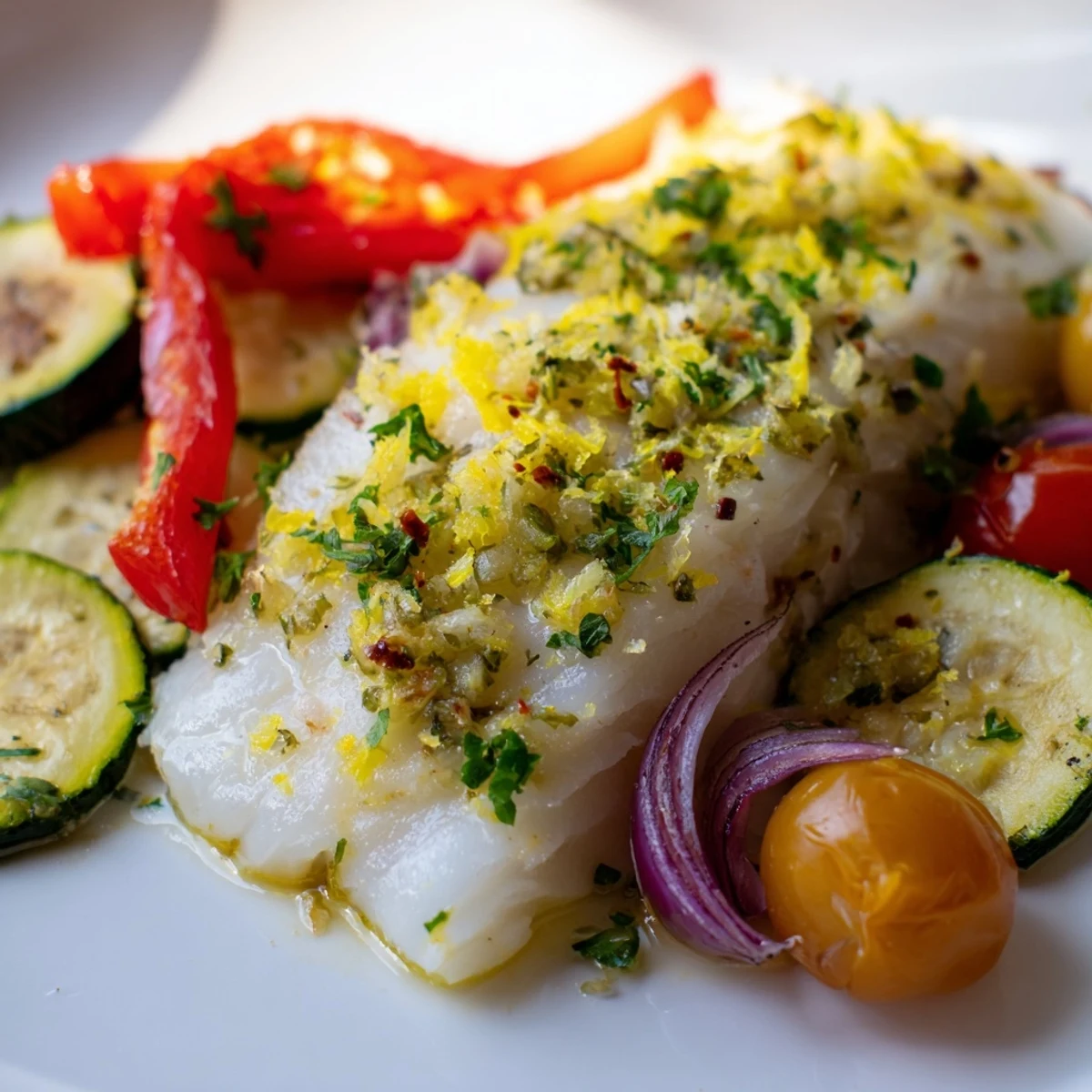 Tender Baked Cod Supper Fillet flaked with fork, garnished with fresh parsley and lemon wedges.