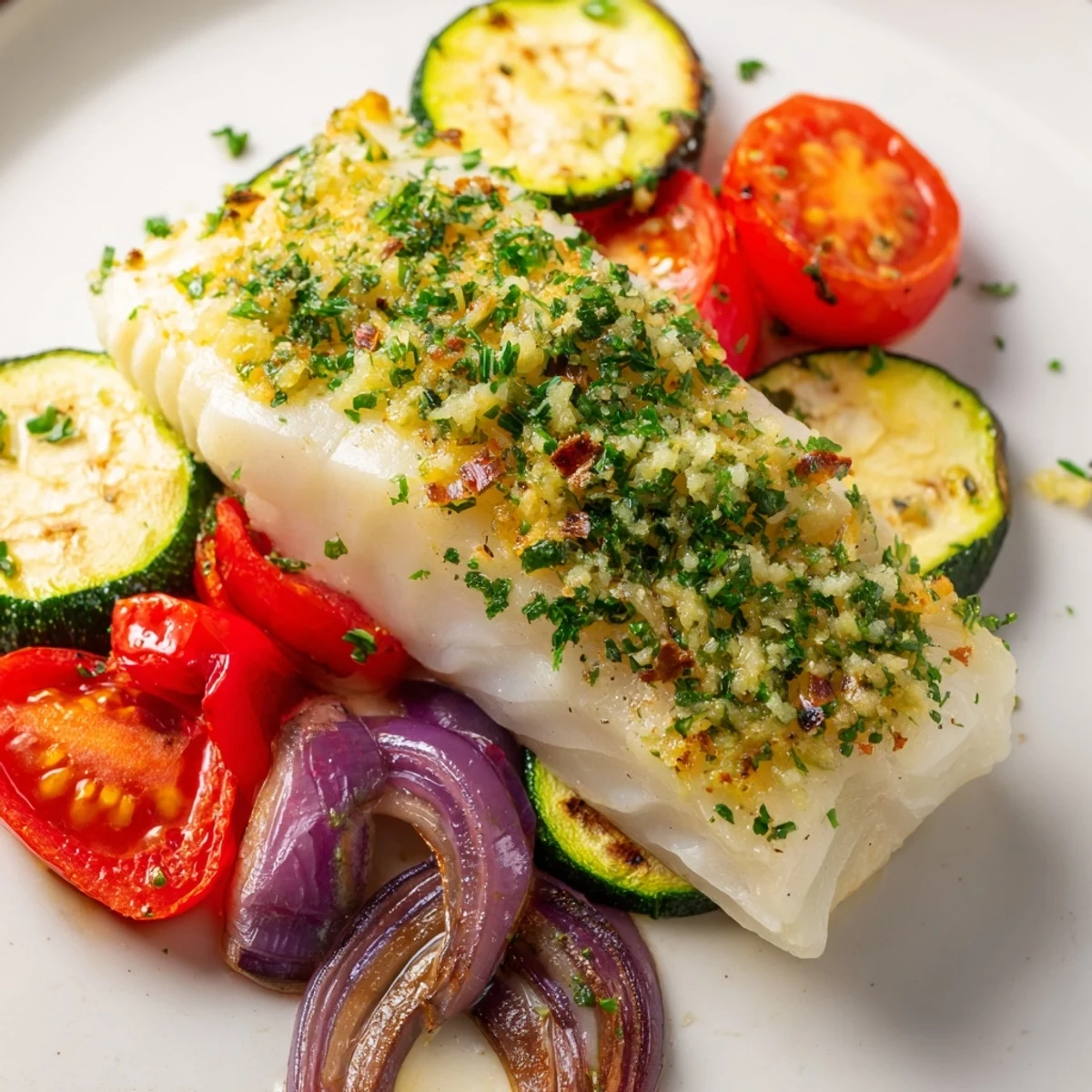 Golden Baked Cod Supper Fillet served alongside steamed potatoes with a drizzle of olive oil.