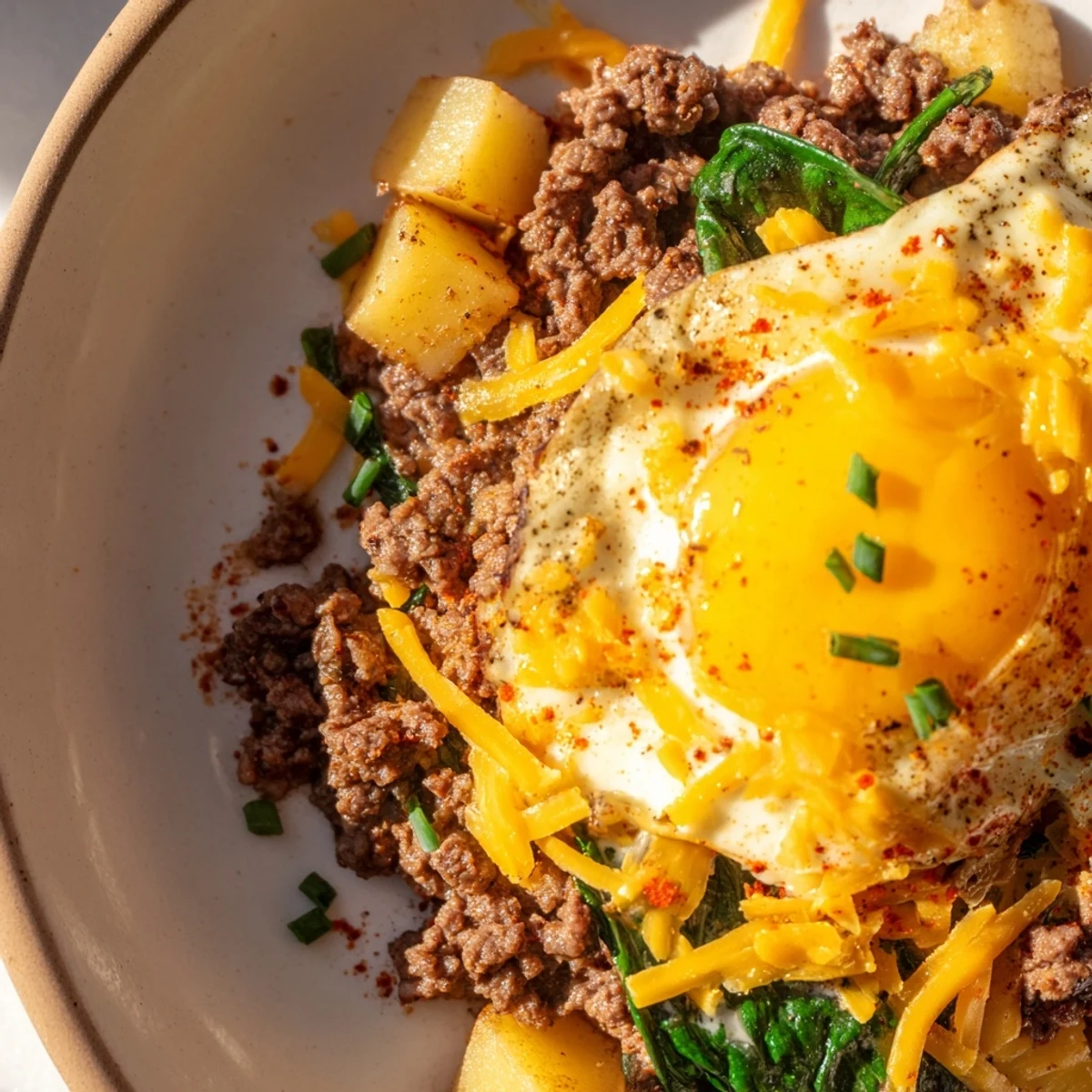 Golden, crispy potatoes, savory ground beef, and perfectly set eggs in a hearty Beef Brunch Skillet.