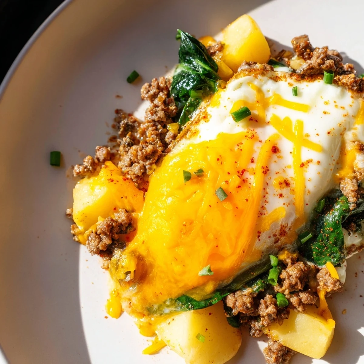 A colorful Beef Brunch Skillet topped with melty cheddar cheese, sautéed peppers, and fresh chives.