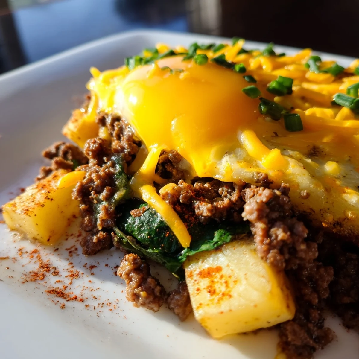 Sizzling ground beef and diced russet potatoes cooked with spinach and sunny-side-up eggs in a skillet.