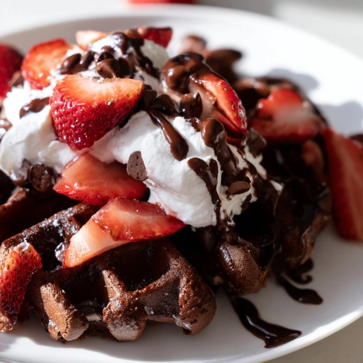 Stack of golden Chocolate Brunch Waffles showing a crisp exterior, perfect for a decadent weekend brunch spread.