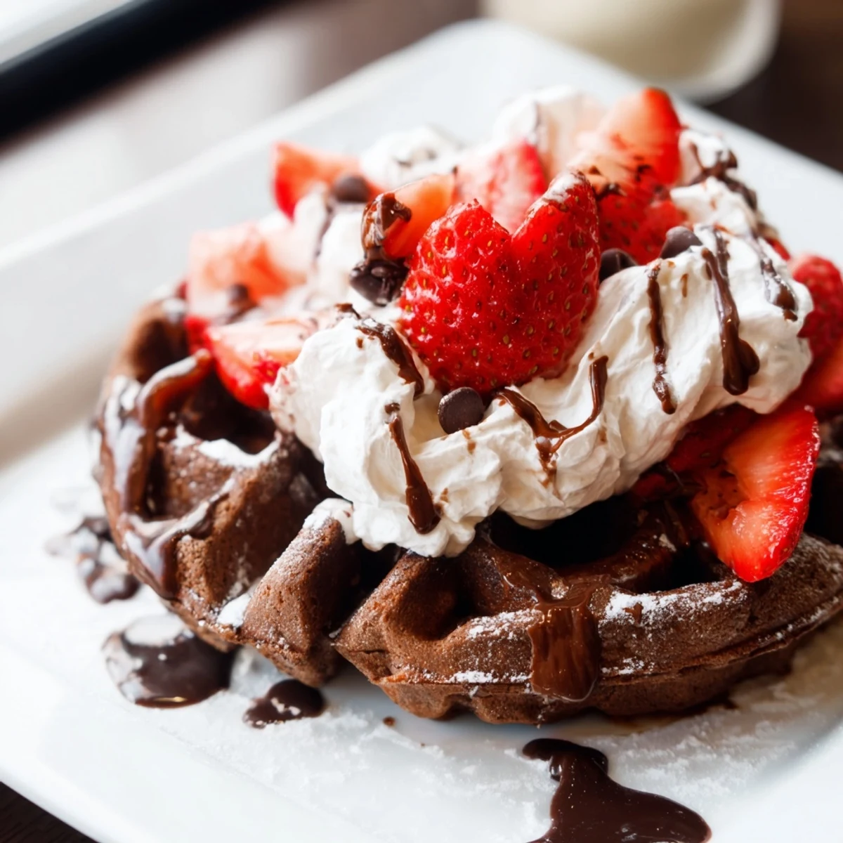 A single fluffy Chocolate Brunch Waffle topped with fresh berries, whipped cream, and a generous drizzle of maple syrup.
