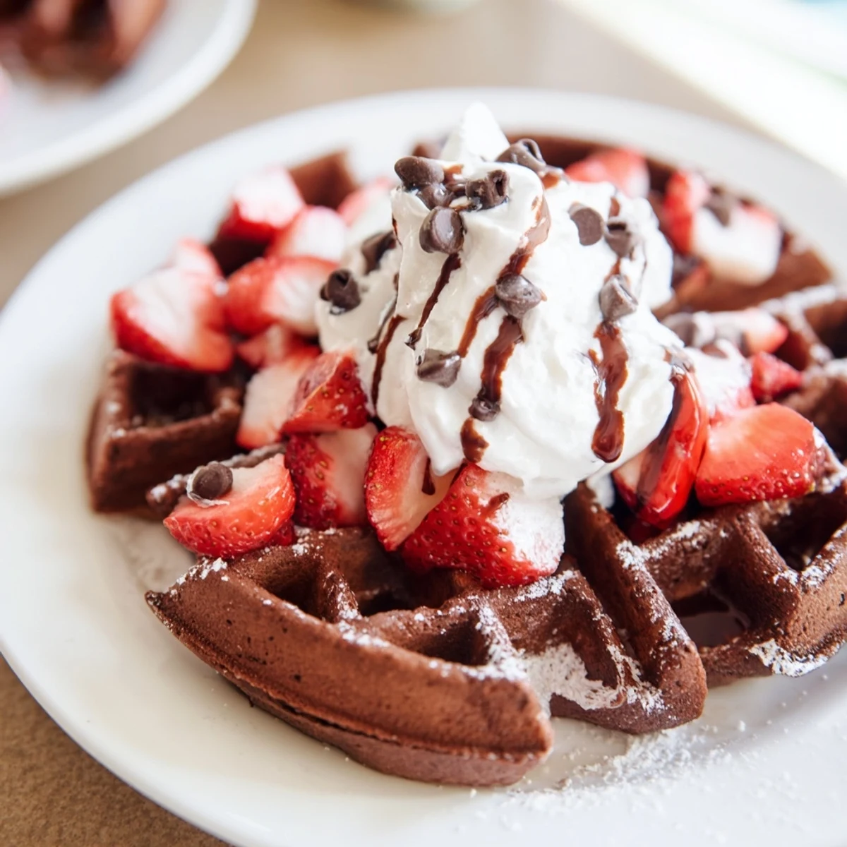 Close-up view of a warm Chocolate Brunch Waffle with melting chocolate chips and powdered sugar dusting.