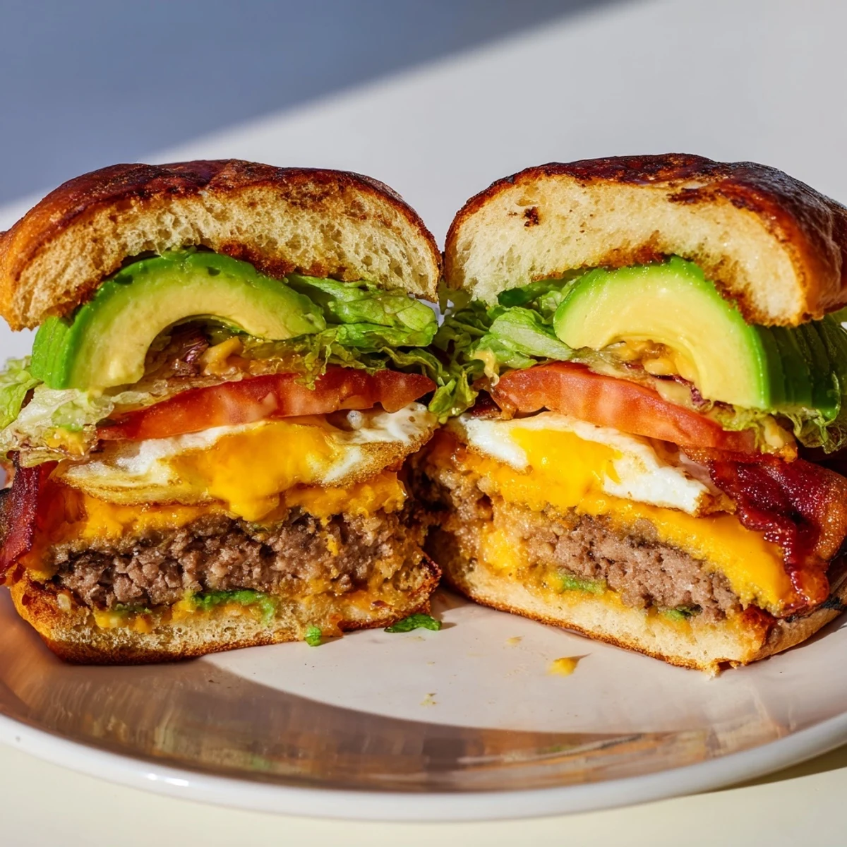 Golden-brown turkey brunch burger with melted cheddar, crispy bacon, and a fried egg on a toasted brioche bun.