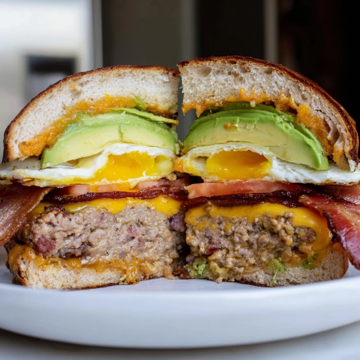A juicy turkey brunch burger topped with fried egg, crispy bacon, and creamy avocado, ready to devour.