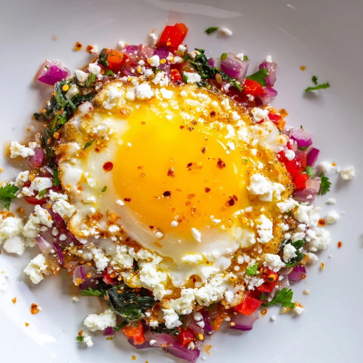 A close-up of Spicy Brunch Eggs, featuring vibrant red peppers and spinach with perfectly cooked, runny yolks in a skillet.