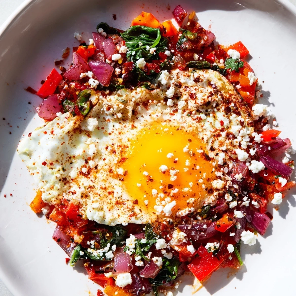 Sautéed red onions, jalapeños, and spinach form the base for these delicious Spicy Brunch Eggs, garnished with cilantro.