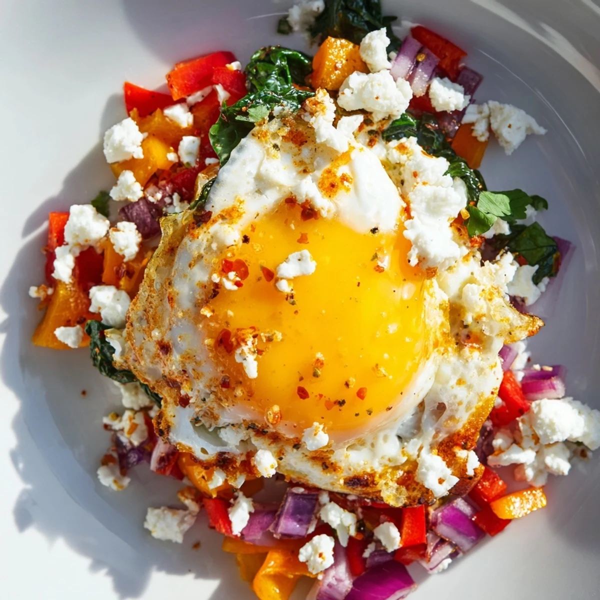 Golden, steamy Spicy Brunch Eggs topped with crumbled feta cheese and fresh green cilantro, ready to be served.