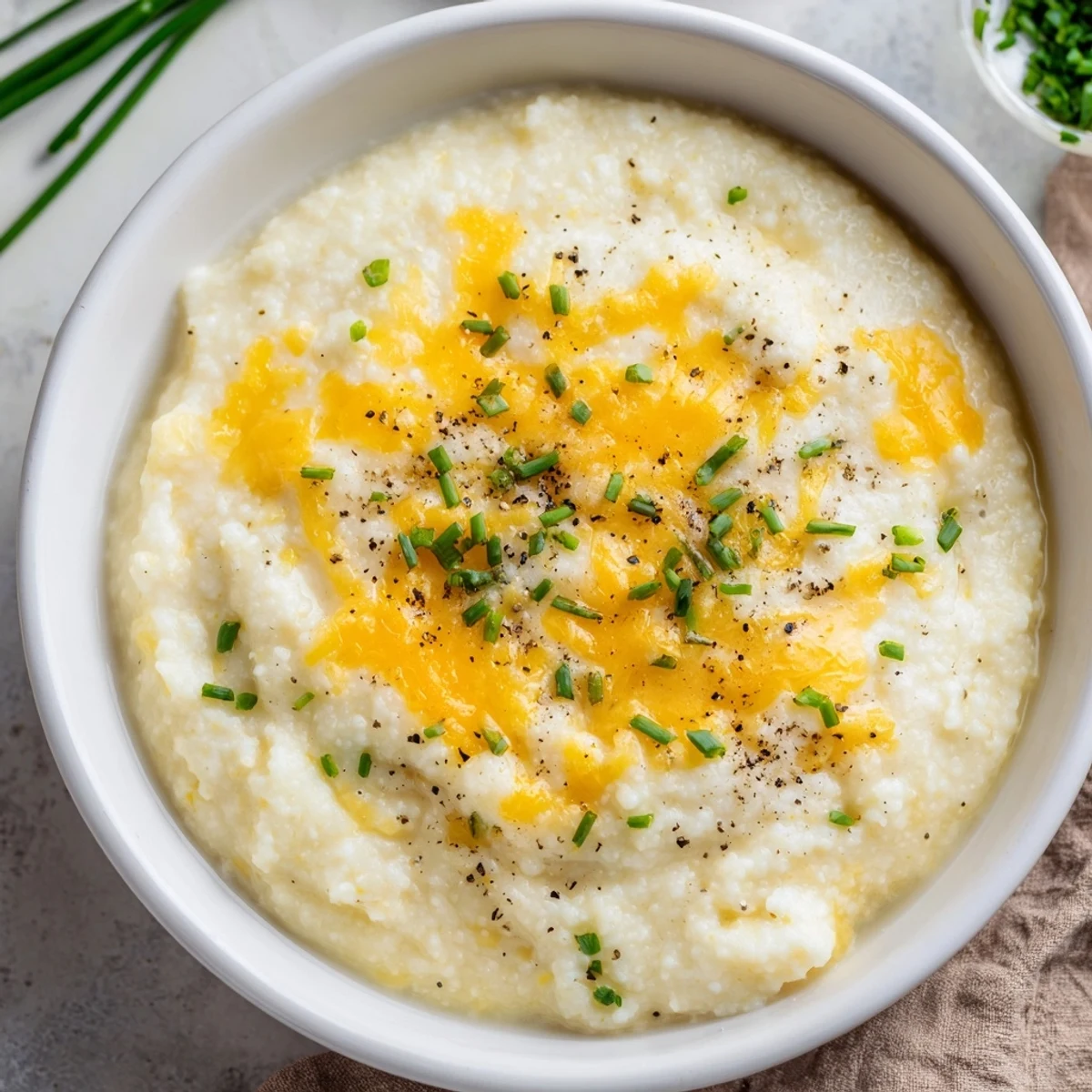 Creamy Brunch Grits in a white bowl, topped with fresh chives and cracked pepper, ready to serve.