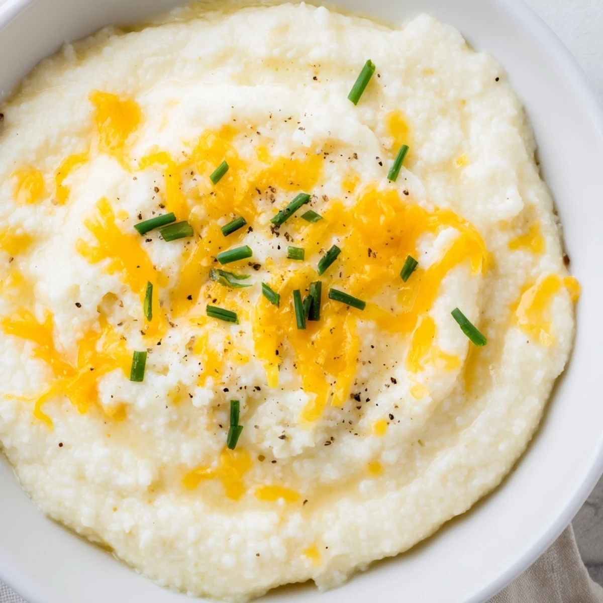 Close-up of velvety Creamy Brunch Grits beside a golden soft-boiled egg and sautéed spinach.