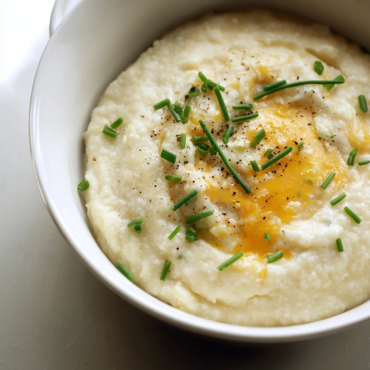 Rich Creamy Brunch Grits steaming in a ceramic bowl, garnished with cheddar and chives.