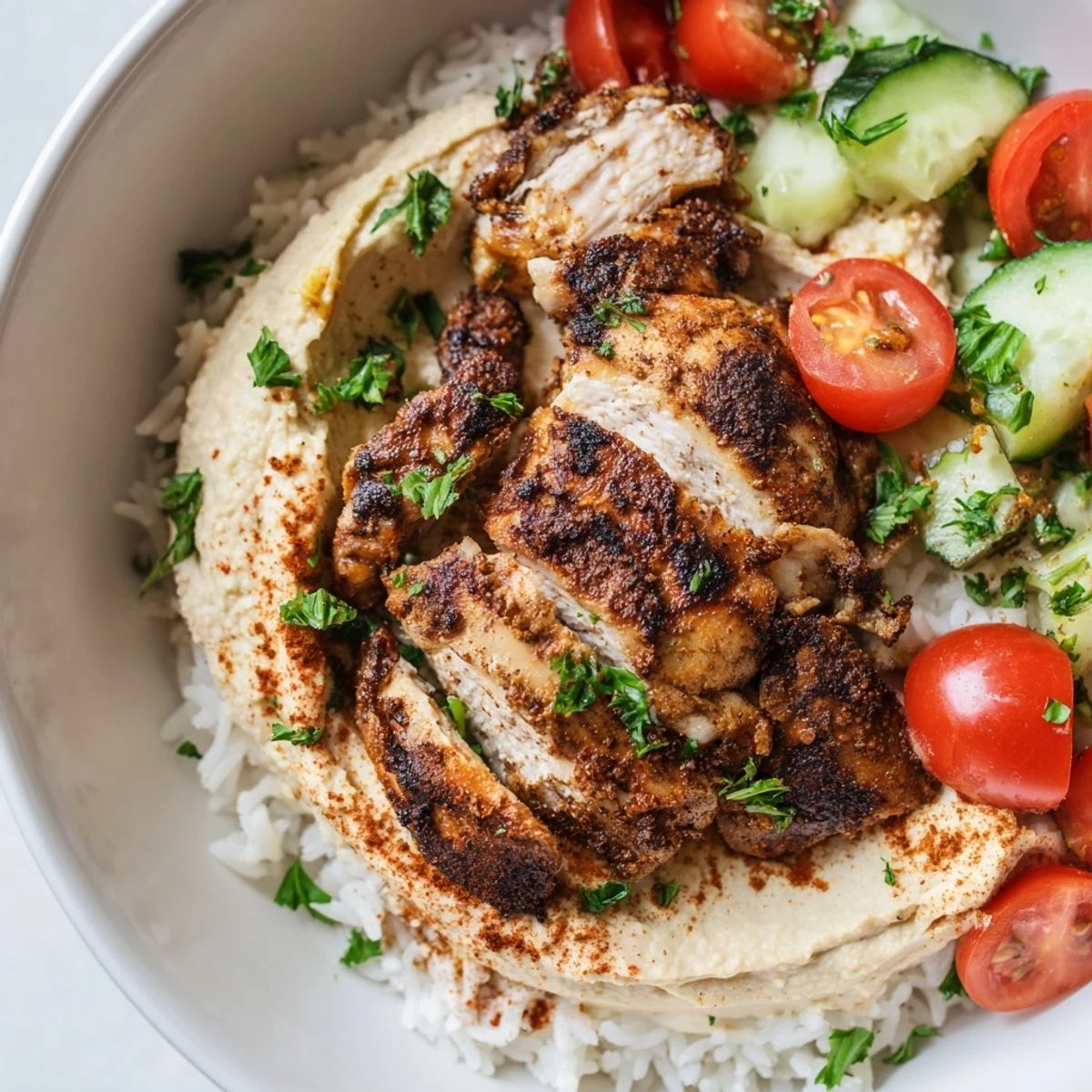 Sliced spiced chicken and vibrant veggies rest atop fluffy basmati rice, with a generous dollop of creamy hummus.