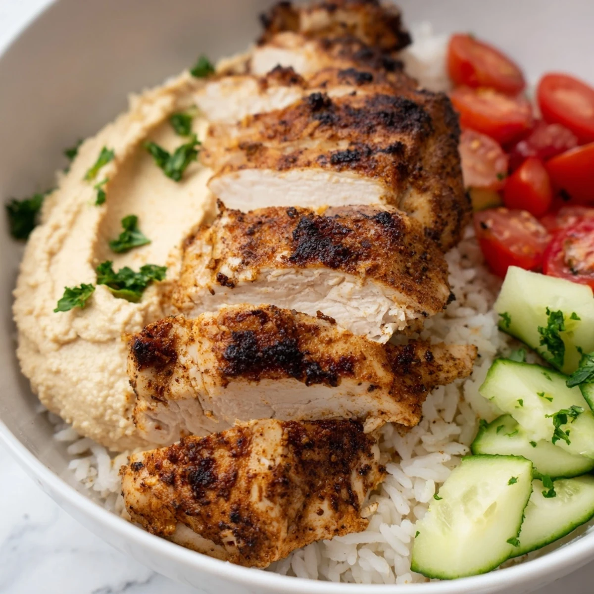 Juicy grilled chicken thighs marinated in cumin and paprika are served over fragrant rice with hummus and lemon.