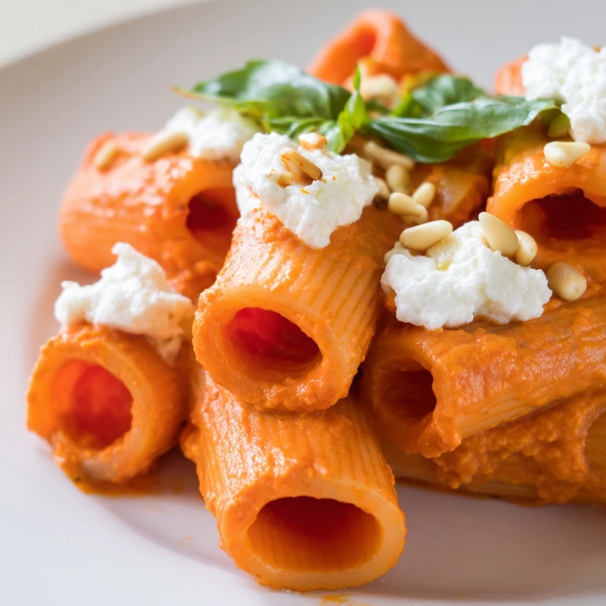A vibrant bowl of roasted red pepper pasta with goat cheese, paired with crisp salad and wine.