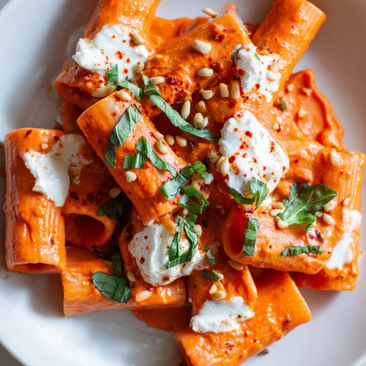 Creamy roasted red pepper pasta with goat cheese garnished with fresh basil and toasted pine nuts.