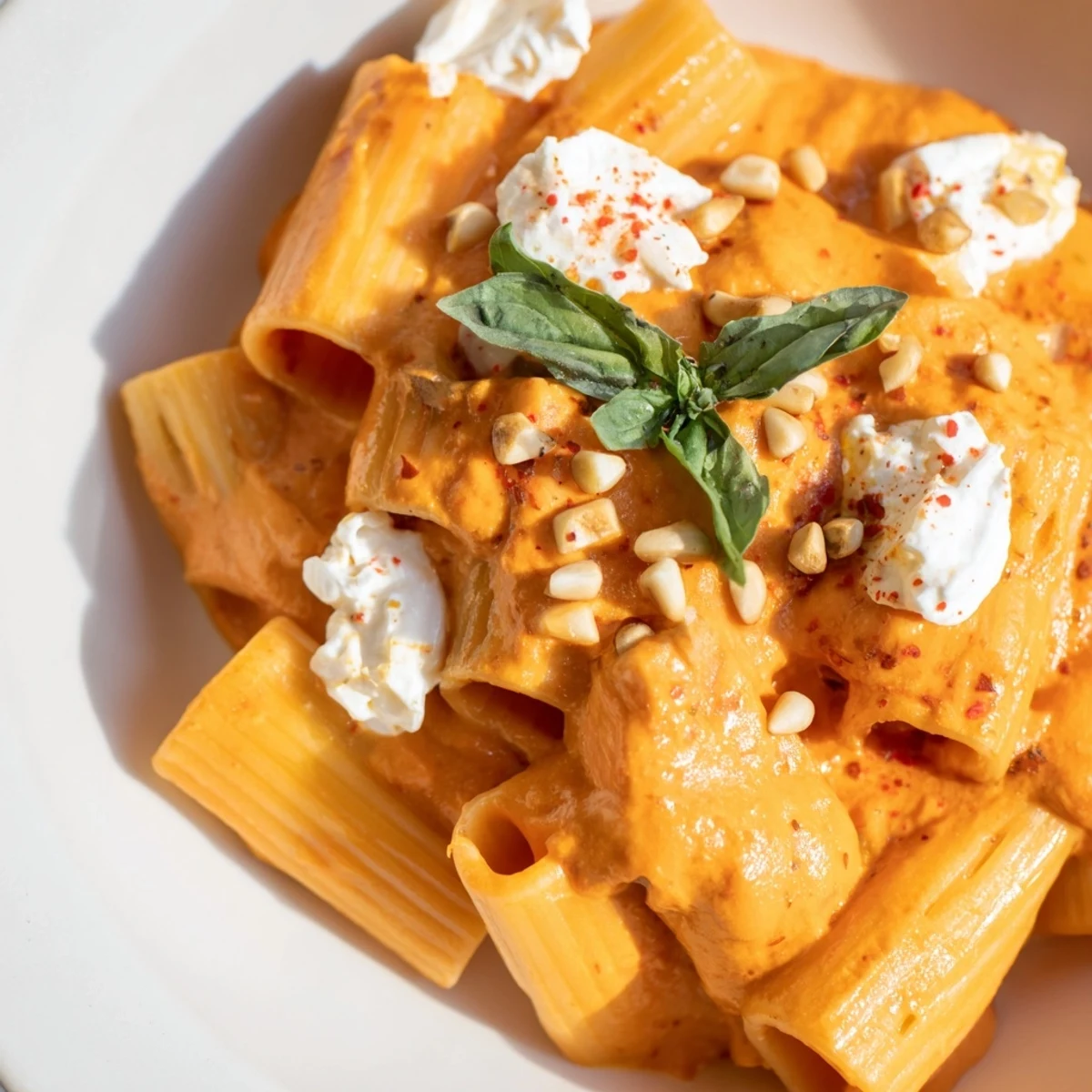 Freshly blended roasted red pepper pasta with goat cheese, tossed in a skillet and garnished with pine nuts.