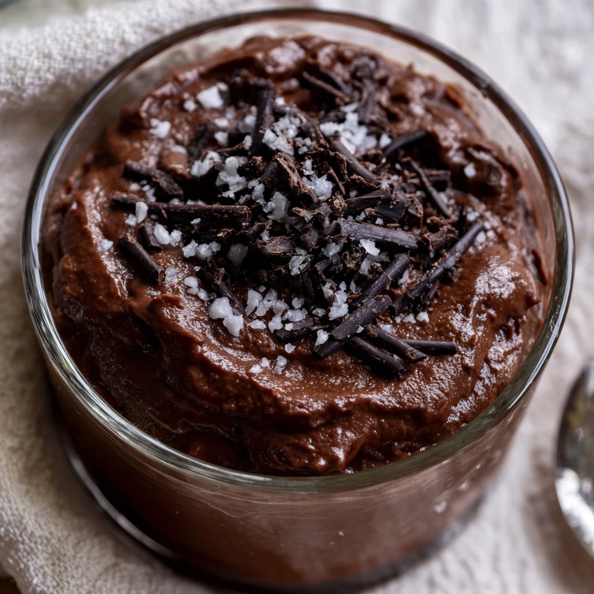 Creamy Dark Chocolate Mousse with Sea Salt in a small jar, garnished with delicate curls and flaky salt.