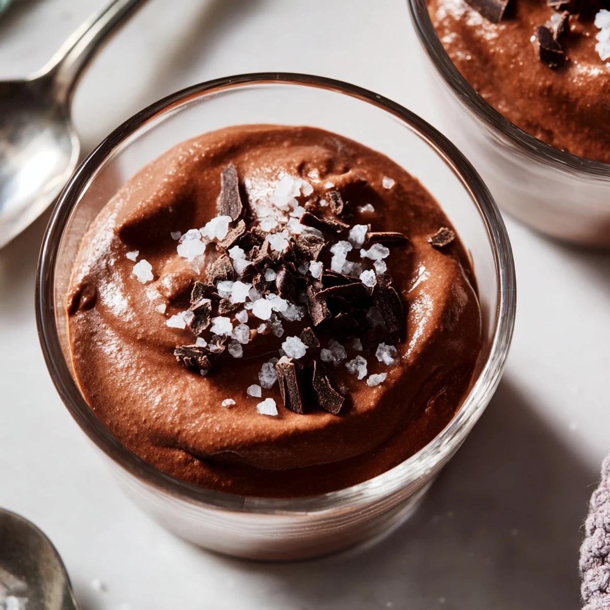 Silky Dark Chocolate Mousse with Sea Salt layered high in a delicate glass, topped with chocolate shavings.