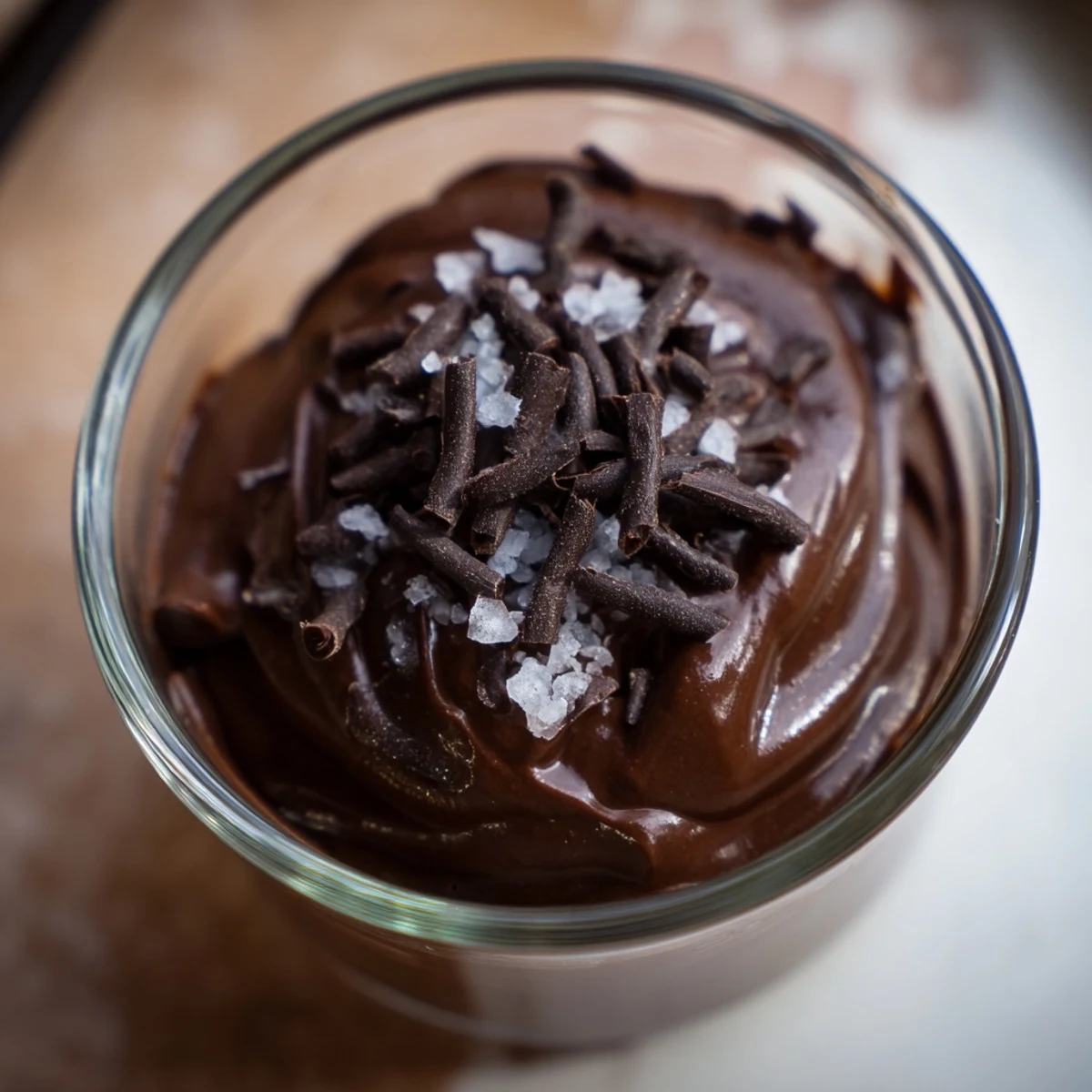 Clear glass reveals airy Dark Chocolate Mousse with Sea Salt, served beside berries on a marble counter.