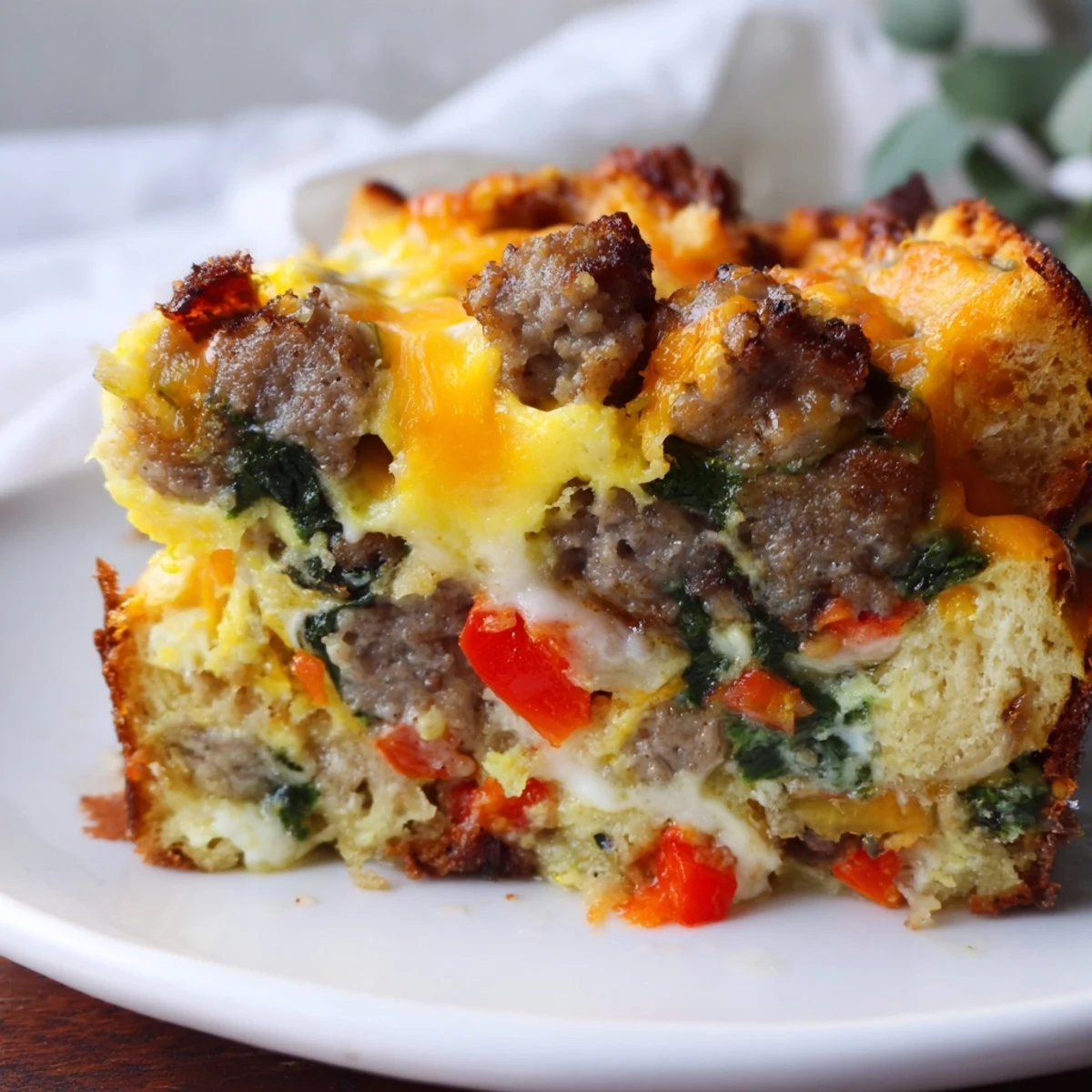 Golden brown Winter Brunch Casserole with sausage, eggs, and melted cheese bubbling in a white dish.