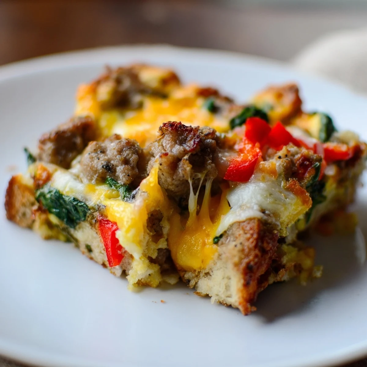 Slices of Winter Brunch Casserole show layered bread, spinach, peppers, and sausage on a rustic wood table.