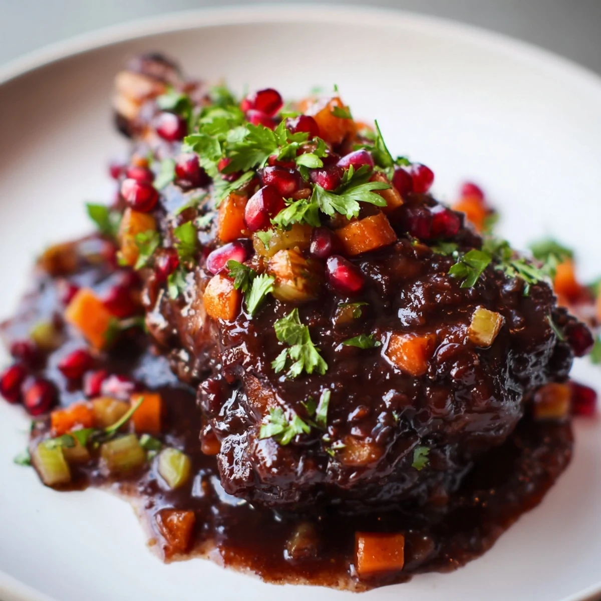 Golden-braised Lamb Shanks with Pomegranate Molasses garnished with fresh parsley and ruby seeds.