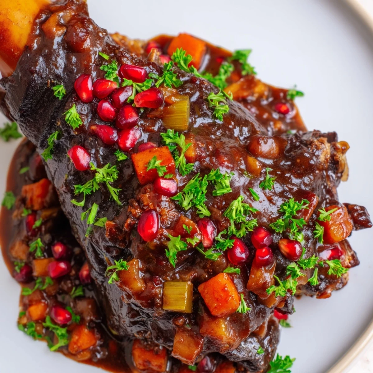 Savory Lamb Shanks with Pomegranate Molasses slow-cooked until the meat easily pulls from the bone.