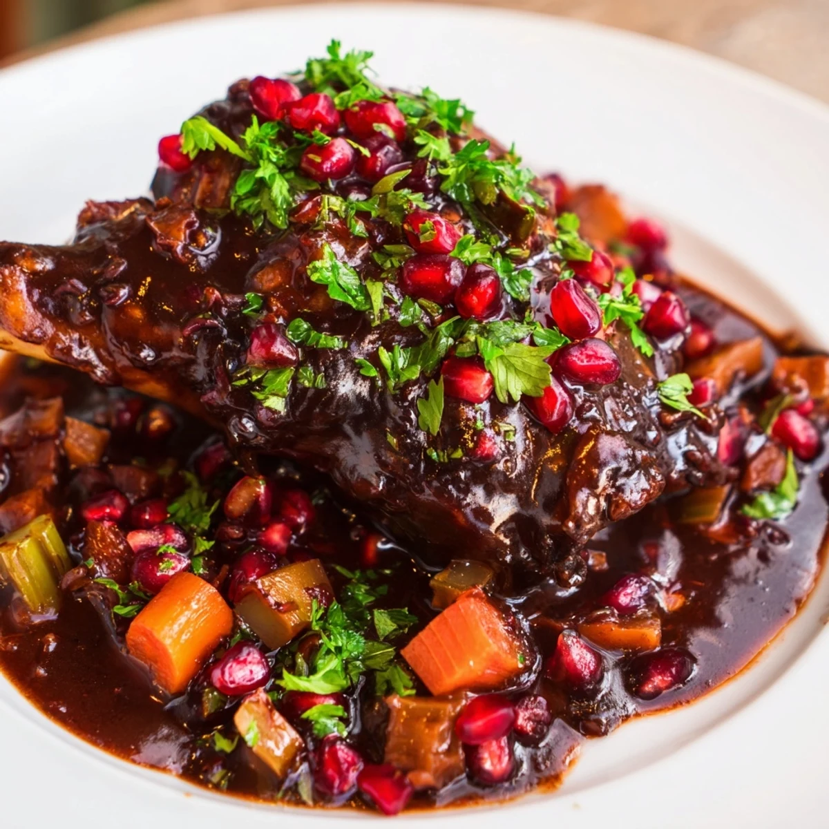 Fork-tender Lamb Shanks with Pomegranate Molasses glazed and served over fluffy saffron rice.