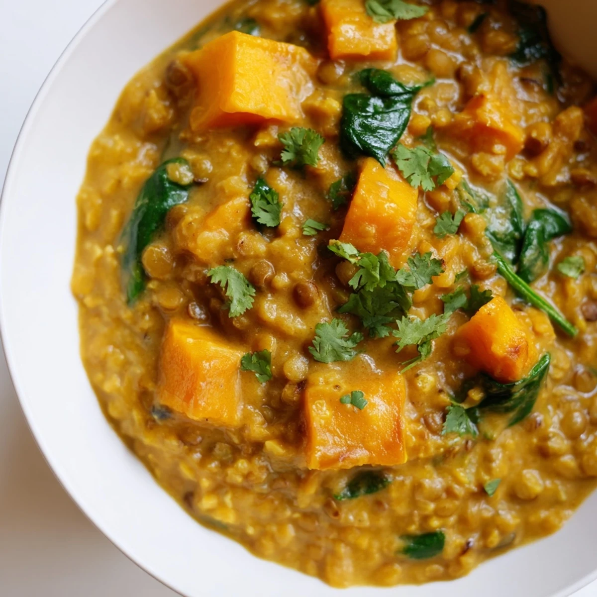 Steaming bowls of homemade Butternut Squash and Lentil Curry garnished with fresh cilantro and lime.