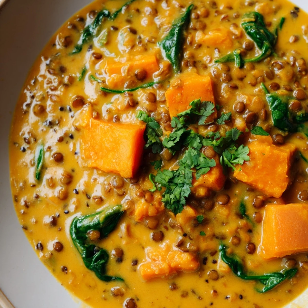 A vibrant serving of Butternut Squash and Lentil Curry over fluffy basmati rice with a warm naan side.