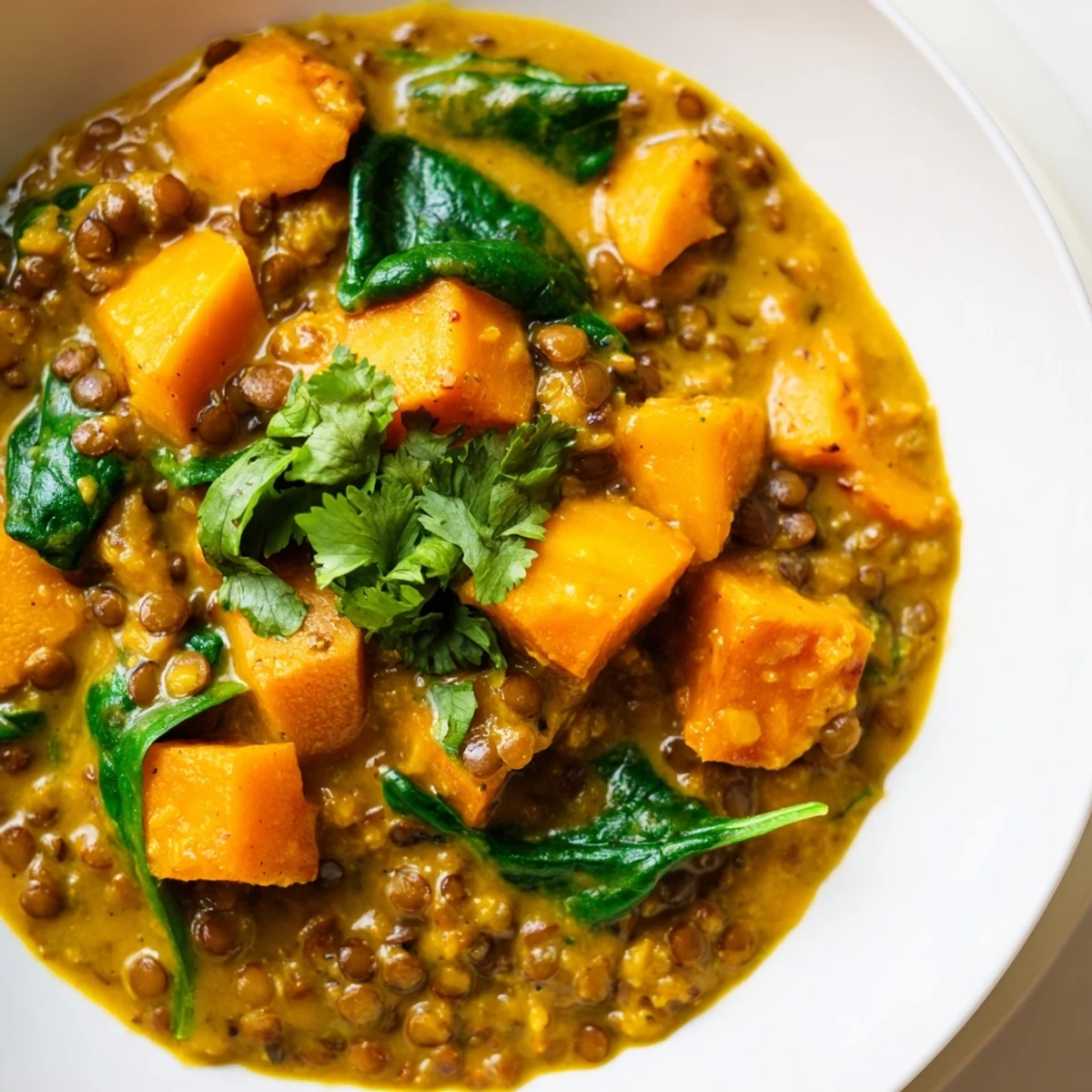 Close-up view of tender butternut squash cubes and red lentils in creamy coconut milk curry.