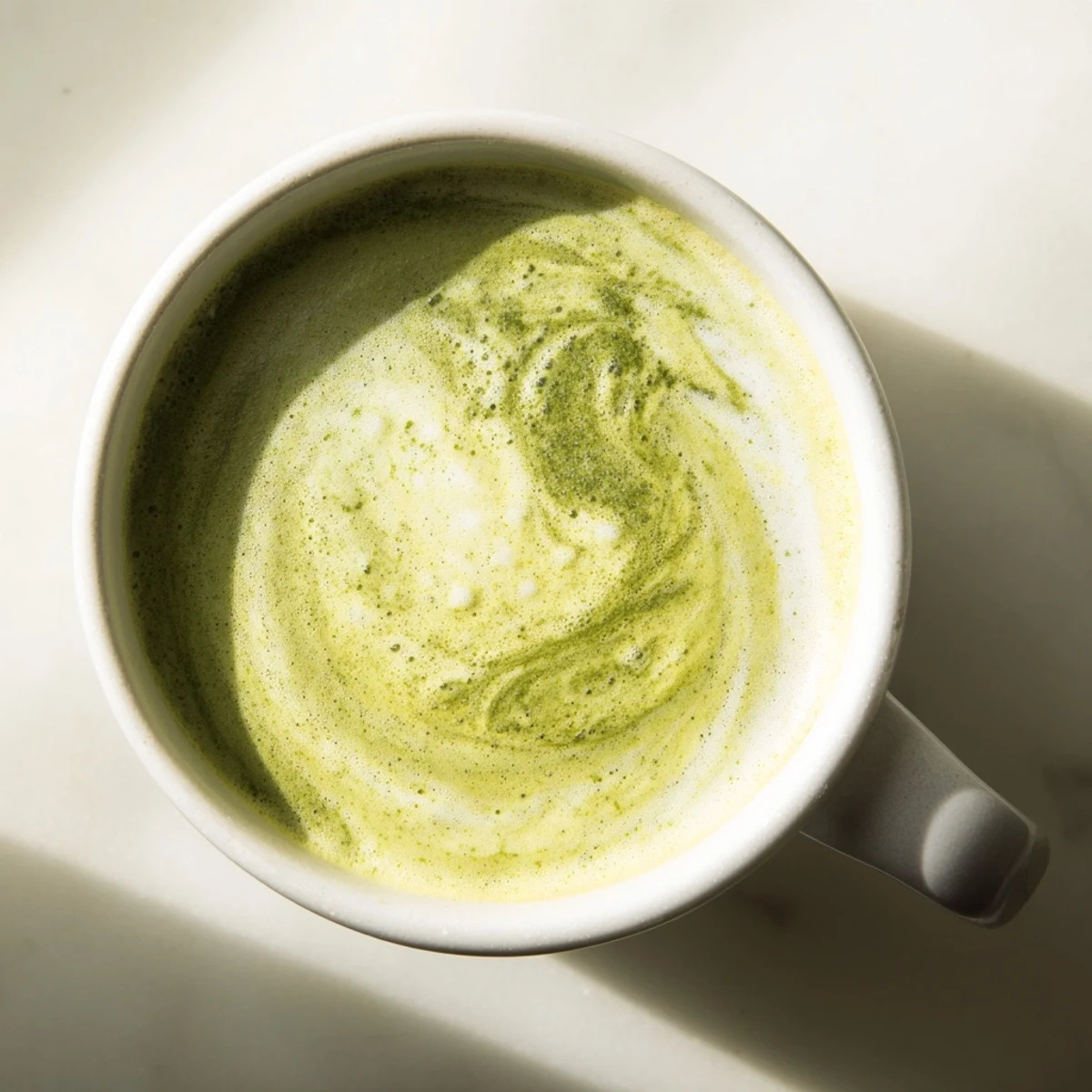 A close-up of a vibrant green matcha latte with almond milk, topped with creamy froth in a clear mug.