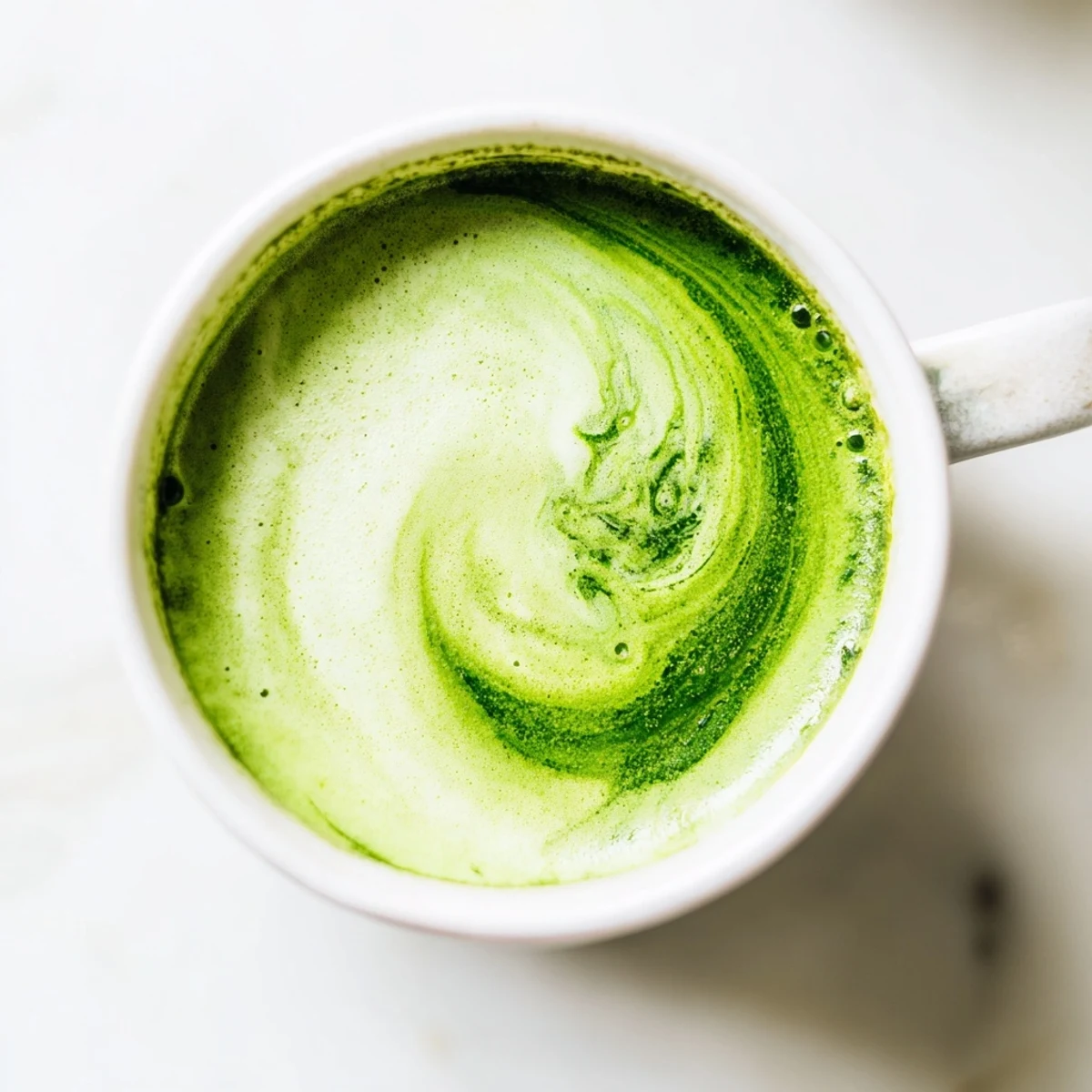 Steaming homemade matcha latte with almond milk served beside a bamboo whisk and a small bowl of matcha powder.
