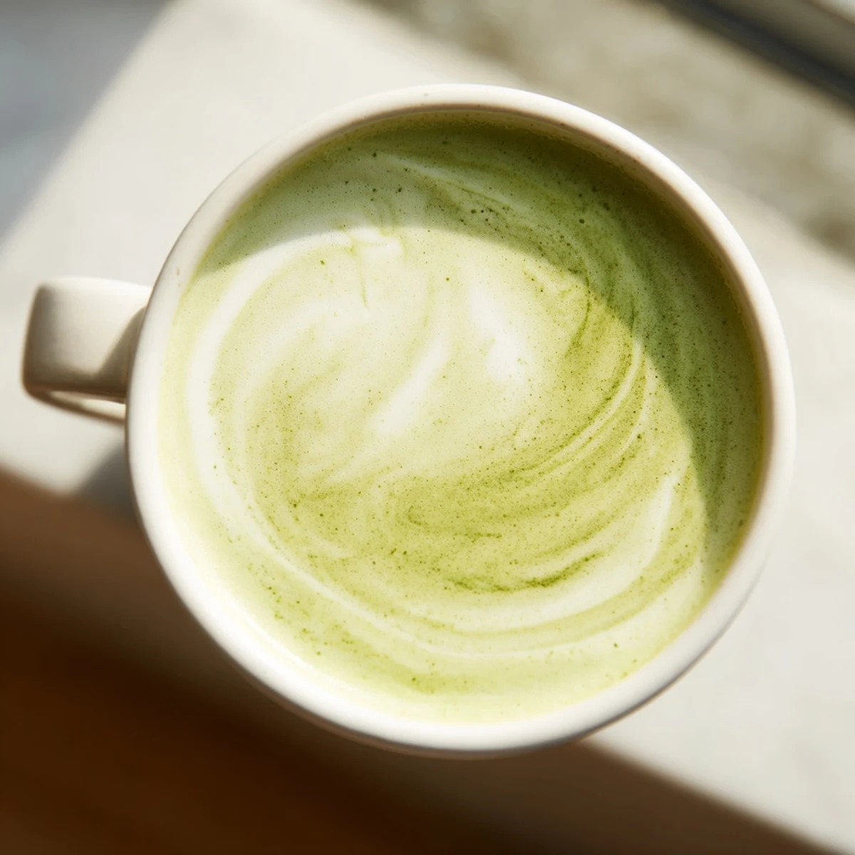 Pouring creamy almond milk foam into a mug of earthy green matcha latte for a refreshing morning beverage.