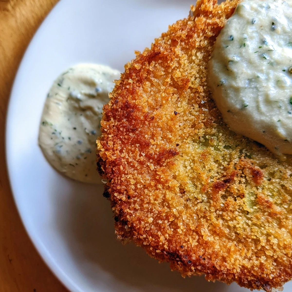 Crispy golden Fried Green Tomatoes with Remoulade, served hot on a plate next to a small bowl of zesty dipping sauce.