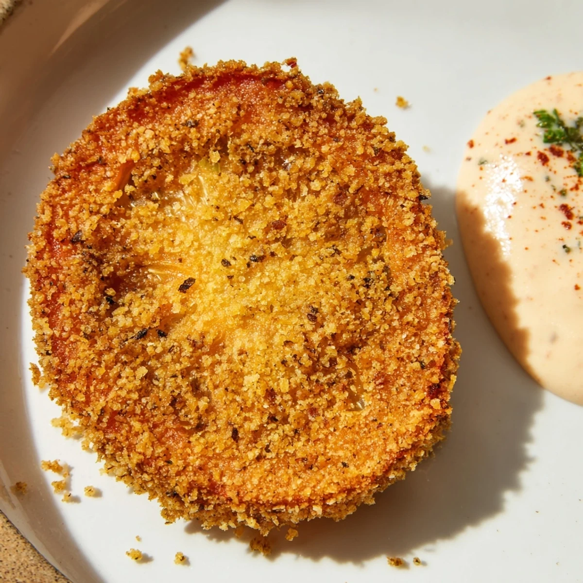 A close-up of breaded Fried Green Tomatoes with Remoulade, revealing a juicy interior and crunchy cornmeal crust on a rustic surface.